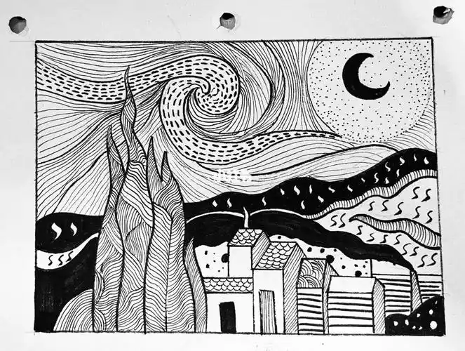 day24梵高星月夜名画改线描