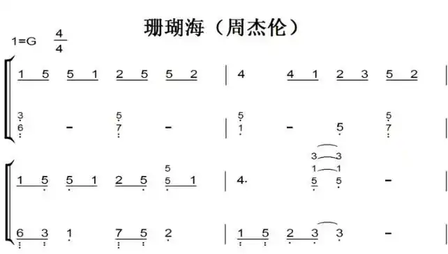 珊瑚海(周杰伦)初学者简易版 钢琴双手简谱 钢琴谱 钢琴简谱