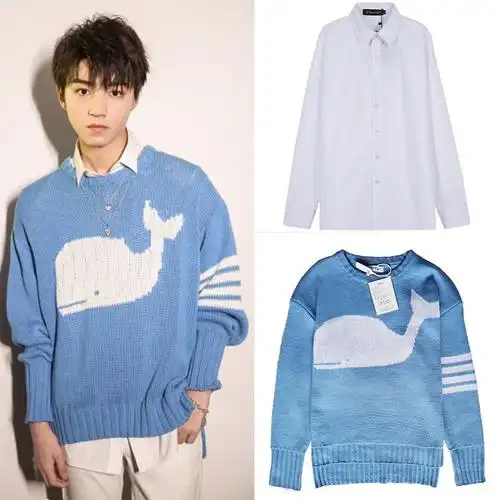 tfboys王俊凯同款衣服蓝色鲸鱼毛衣秋冬保暖加厚男女情侣装针织衫