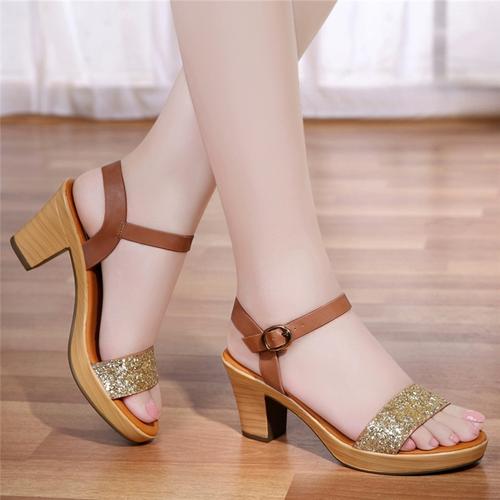 2018新款凉鞋夏季女鞋高跟粗跟罗马亮片一字扣露趾女凉鞋水钻女鞋