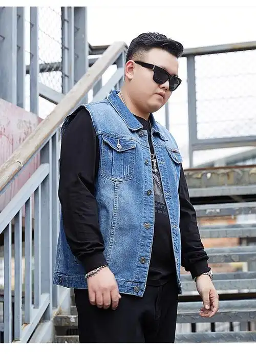 大码男装弹力牛仔马甲加肥加大牛仔衫胖子刺绣上衣背心无袖外套男