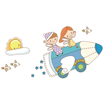 卡通手绘骑在火箭上的两个小女孩