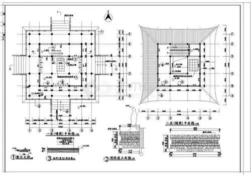 资料为文昌阁古建筑施工图,其中内容包括:建筑立面图,结构平面布置图