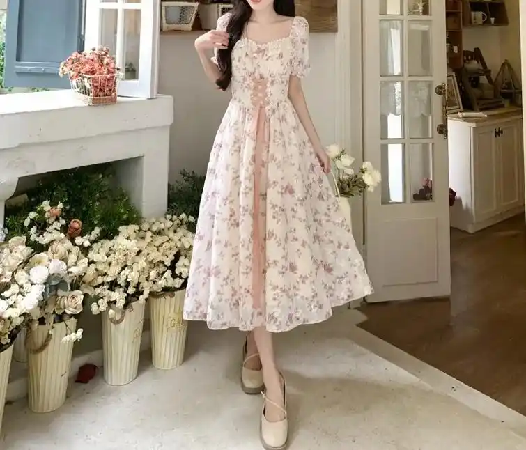 女装夏季新款法式甜美碎花裙短袖高腰显瘦雪.#超仙连衣裙 #温 - 抖音