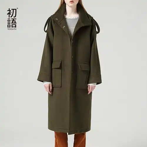 初语毛呢外套女秋季新款休闲宽松时尚保暖立领长款呢子大衣8931214002