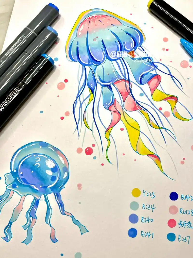 水母塑造98马克笔手绘万能元素单体配色 近期准备更一期海洋生物 在