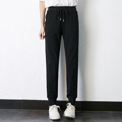 休闲运动裤女夏季薄款宽松束脚大码胖mm长裤显瘦黑色卫裤春秋裤子