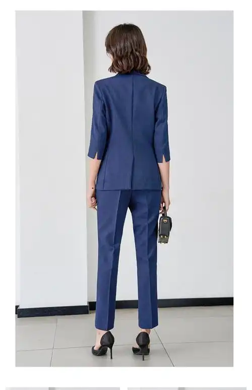 菲伊斯莉品牌职业西装套装女夏季藏蓝色驳领高端薄款七分袖商务气质