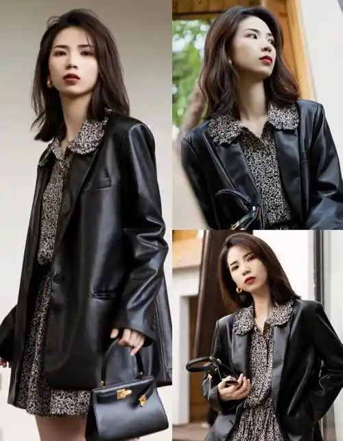女生春季穿黑皮衣太帅了!