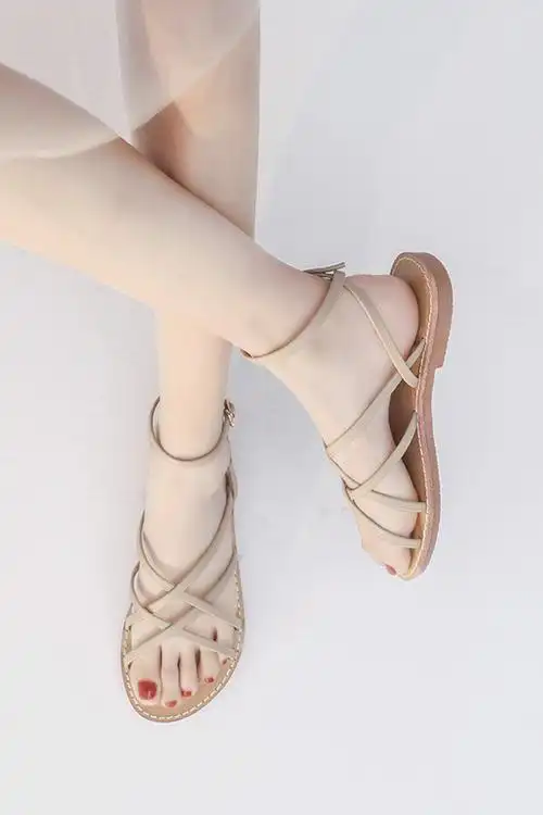 韩版风甜美细带组合露趾平底一字扣带罗马凉鞋夏新波西米亚沙滩鞋