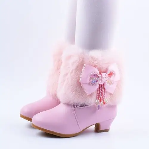 女童公主靴冬季儿童鞋韩版加绒中筒靴学生高跟靴走秀表演出白冬靴