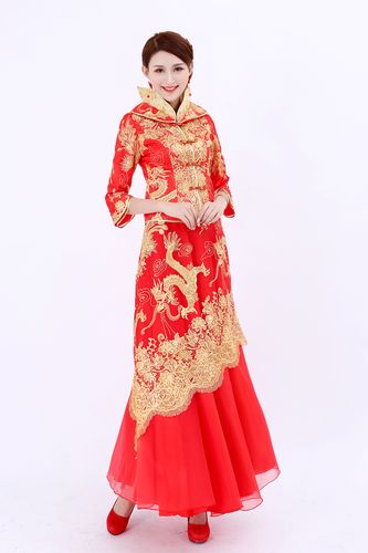 2017新款宴会长款刺绣新娘装礼服v宴会红色婚纱礼服礼服主持