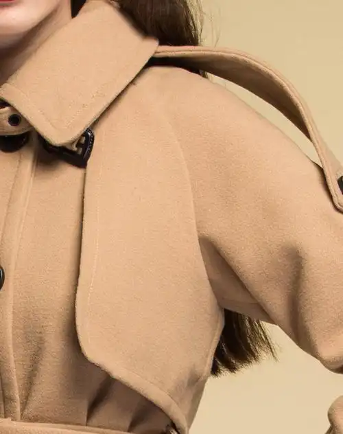 深卡其布色军旅风收腰毛呢风衣