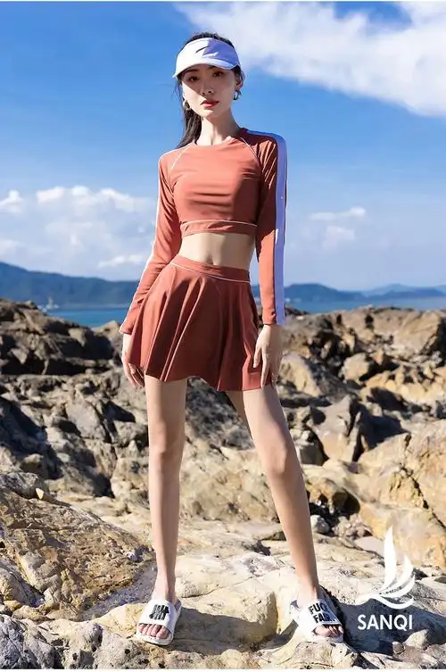 旗舰品牌泳衣女士保守平角分体裙长袖防晒运动带胸垫游泳温泉泳装凤衔