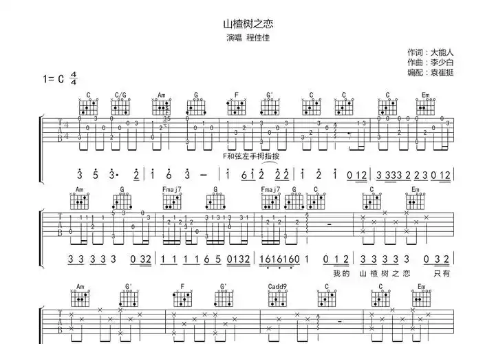 山楂树之恋吉他谱_程佳佳_c调弹唱吉他谱64%原版 - 吉他世界