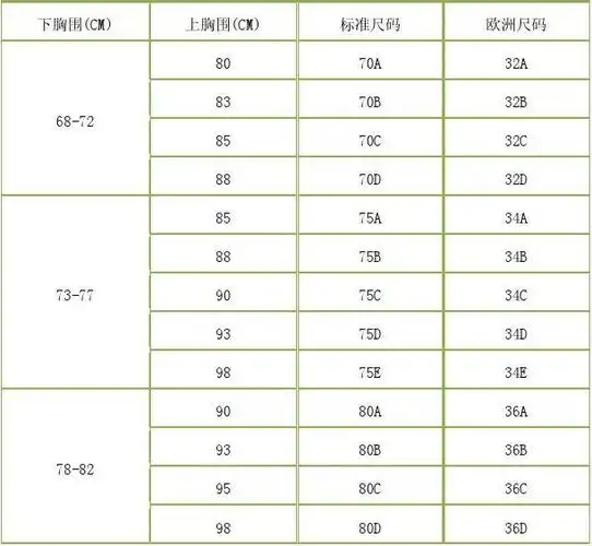 女性胸围尺码表