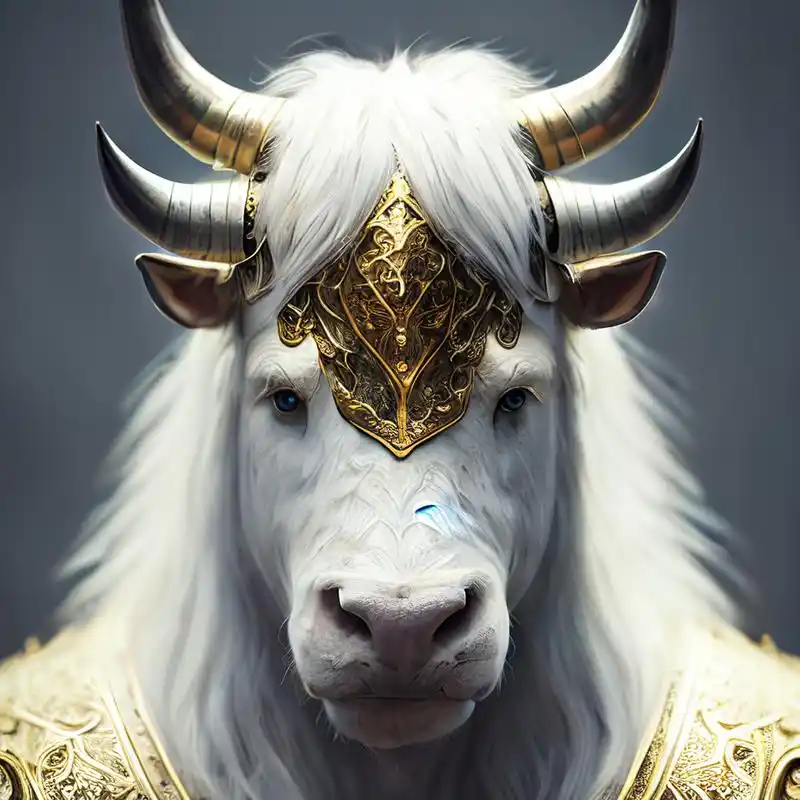 百度ai绘图黑科技#拟人化庄严的白牛圣骑士,肖像,白鬃毛,详细的金色