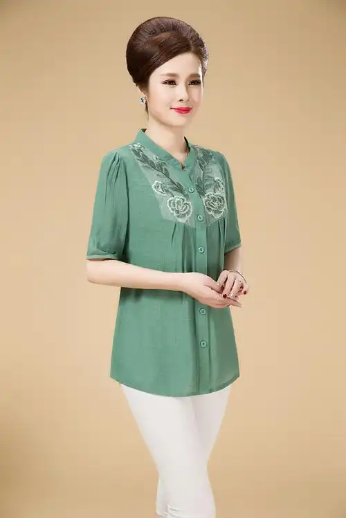 棉麻短袖绣花衬衫 中老年女装夏季妈妈装宽