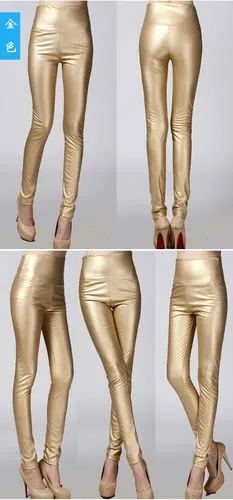 秋冬新款欧美时尚大码加绒外穿pu打底裤高腰紧身皮裤女长裤显瘦 金色