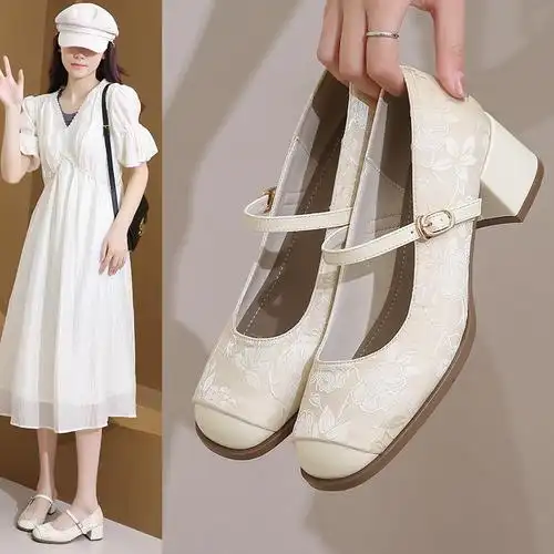 复古中式鞋子汉服旗袍玛丽珍高跟鞋2024春新款仙女温柔晚晚鞋单鞋