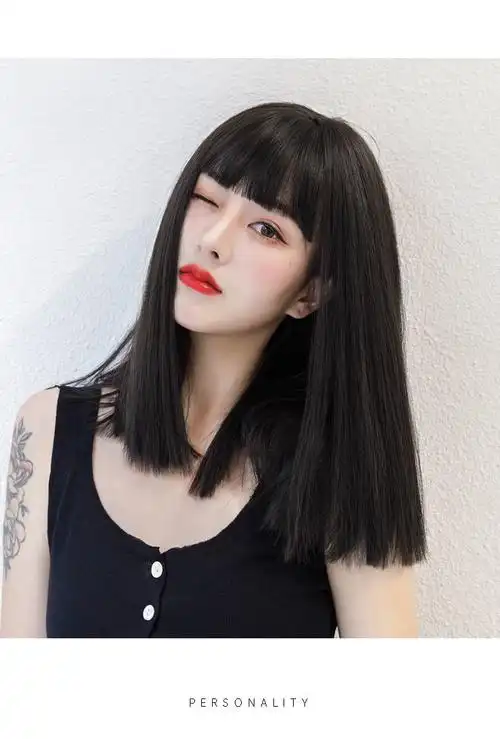 头逼真网红时尚锁骨发学生圆脸整顶头套齐刘海 棕黑色(升级透气内网)