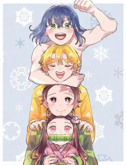 《鬼灭之刃》壁纸:四小只叠罗汉好可爱呢!_壁纸_鬼灭之刃_素材_壁纸