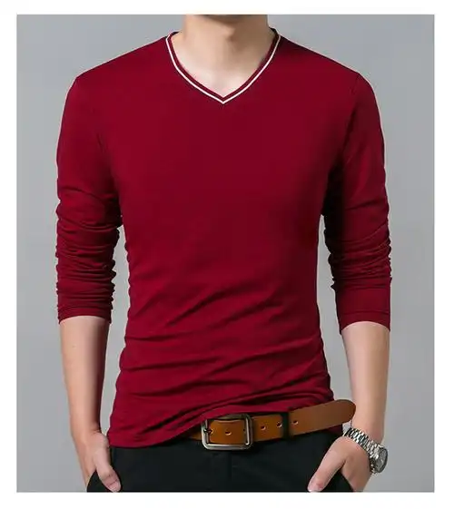 唯品会青年t恤男士长袖纯棉v领薄款衣服修身潮流社会男装简约学生