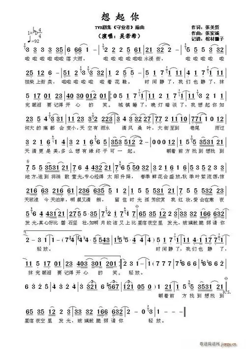 想起你(tvb剧集《守业者》插曲) 吴若希 歌谱简谱网