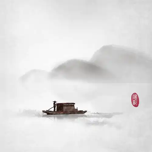 小船静谧山水古风禅意水墨画安静中式中国风古风插画
