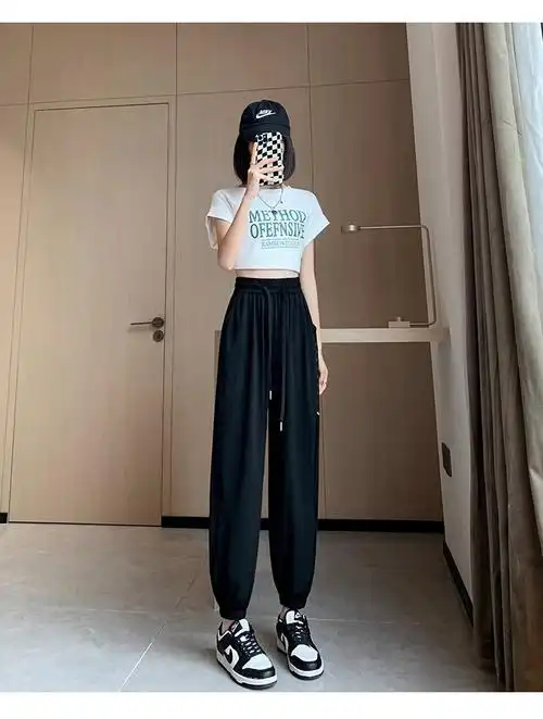 冰丝速干裤女款夏季薄款宽松束脚运动裤网纱拼接高腰显瘦哈伦裤子