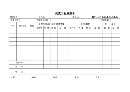 变更工程量清单表格格式模板