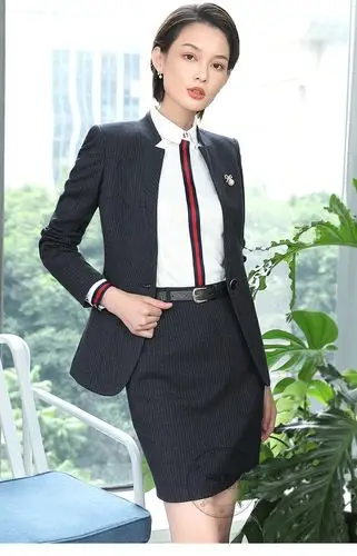 伊雅露莎条纹小西装女职业装女装套装正装经理领导工作服838 黑条西装