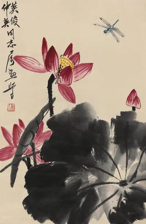 *0534 荷花蜻蜓 立轴 设色纸本