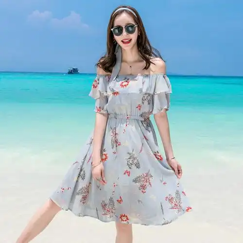 新款一字肩连衣裙雪纺短裙印花女度假沙滩裙一字领连身裙