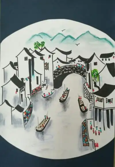 江南水乡简笔画扇面