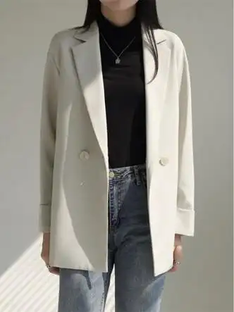 春秋新款垂感休闲小西装外套女韩版宽松小个子英伦风西服米白色m96106