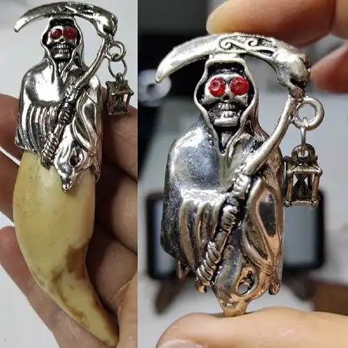 藏银合金熊牙套包银镶嵌大号死神爪子套复古狼牙吊坠男士文玩配饰