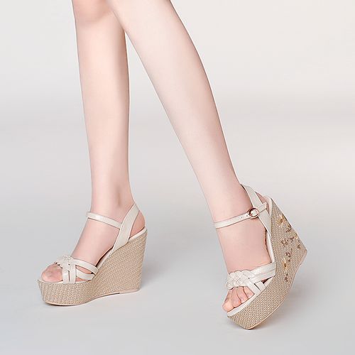 凉鞋真皮厚底包跟草编新款夏新款坡跟高跟鞋超高时装凉鞋