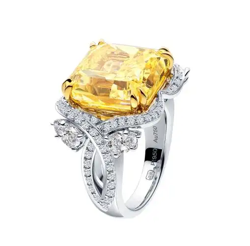 无边钻,悉心镶嵌于黄18k金和铂金底座海瑞温斯顿心型切工单颗黄钻戒指