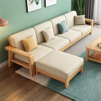 现代简约实木沙发全实木客厅小户型经济型转角组合原木色布艺沙发