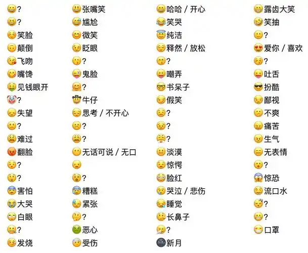 请问iphone 上的 emoji 表情对应的中文输入词语是什么?