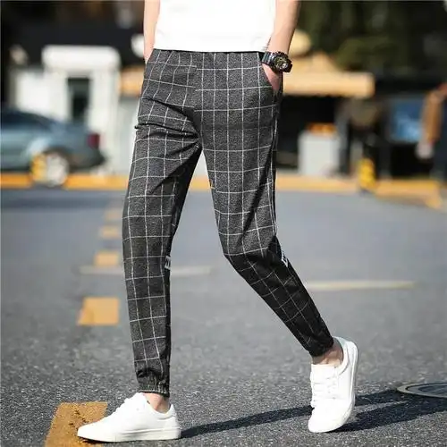 男士九分休闲裤格子