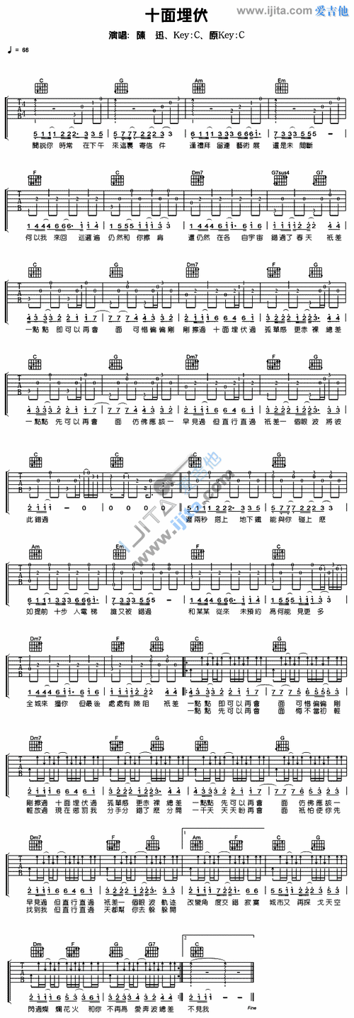 《十面埋伏》六线谱吉他c调_陈奕迅