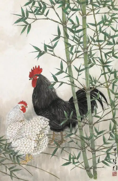 1134甲申2004年作竹荫鸡趣镜片设色纸本