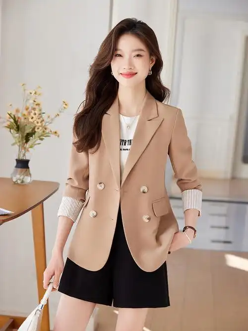 七分袖小西装外套女2024春夏新款黑色职业正装双排扣休闲垂感西服