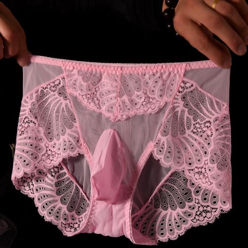 男穿性感情趣冰丝鸡鸡内裤夏季超薄透明蕾丝男三角内裤