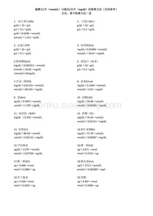 医学检验单位换算-毫摩尔升与毫克分升