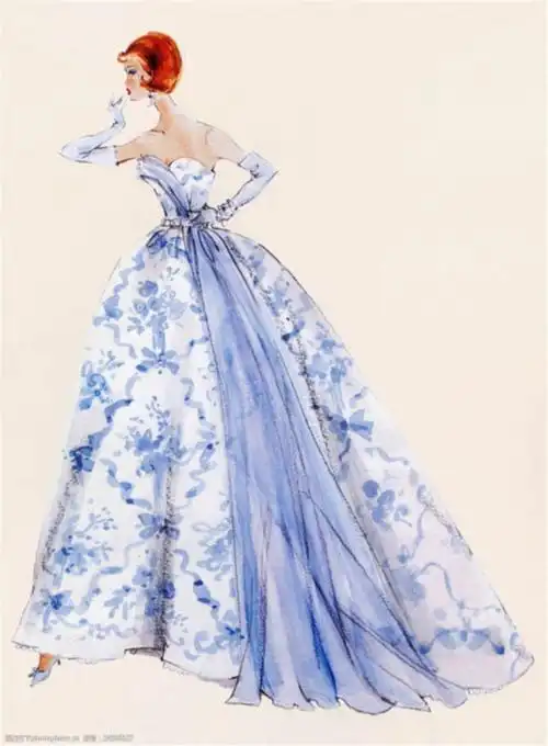 蓝色花纹露背礼服设计图