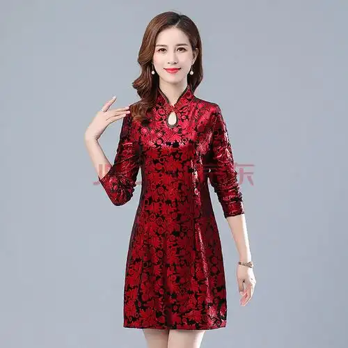 装中长款旗袍连衣裙长袖中年女装宽松大码春装时尚洋气 1梅花红-期袍