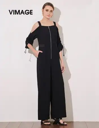 纬漫纪2019夏季新款女装吊带五分袖露肩连体裤连衣裤休闲裤 黑色20 m